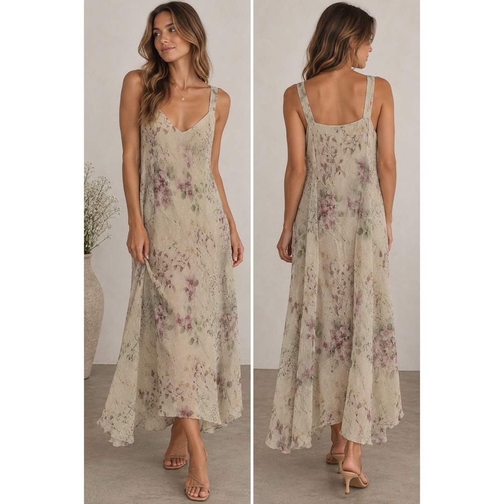 R&M Richards Woman Floral Crinkle V-Neck Midi Dress Beige Pink Size 18W
